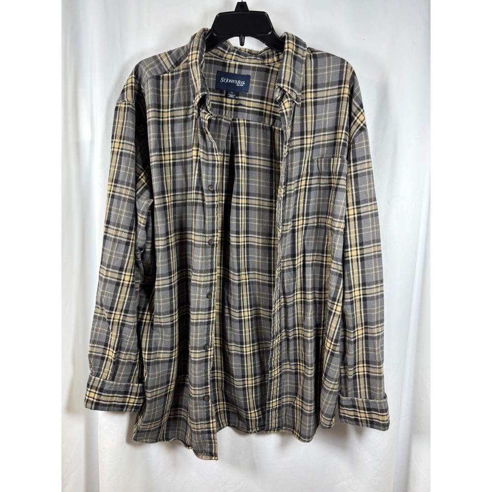 St. Johns Bay Mens XL Flannel Shirt Grey Tan Plaid Long Sleeve Cotton Button Up